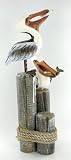 Wood Pelican Bird Beach Home Statue Eating Fish Set