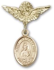 14K Gold Baby Badge with St. Wenceslaus Charm and Angel with Wings Badge Pin