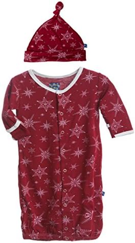 KicKee Pants Baby Boys and Girls Newborn Converter Gown and Knot Hat Set (Newborn, Brick Snowflake)