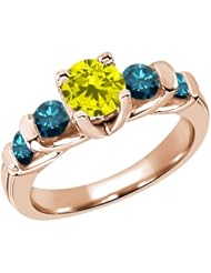 1.68 Ct Round Canary and Blue Diamond 18K Rose Gold Ring