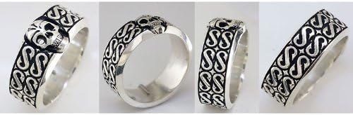 Mens or Ladies Wide Skull Ring with Black, Wedding Band with S Pattern, 9mm in 18k Yellow Gold - size 7.5