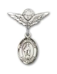 Sterling Silver Baby Badge with St. Gregory the Great Charm and Angel with Wings Badge Pin