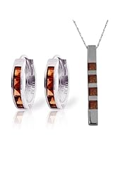 14k White Gold Jewelry Set: Natural Garnet Pendant Necklace and Huggie Hoop Earrings