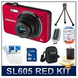 Samsung SL605 12 MP Digital Camera (Red), 5x, 27-135mm Equivalent Wideangle Zoom, Protected From Dust, Dirt and Sand, Smart Night Mode for Great Low-Light Pix, Deluxe Carrying Case, 3pc. Lens Cleaning Kit, Battery, 8 GB Memory Card, Card Reader, & More