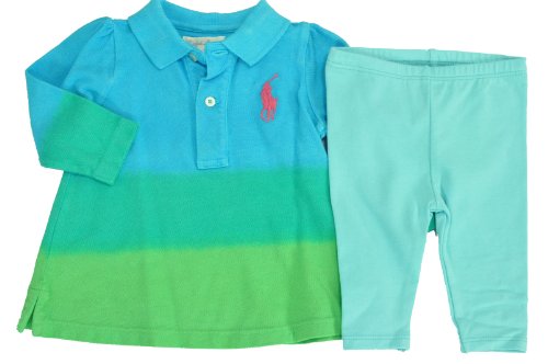 Ralph Lauren Little Girl's Long Sleeve Dress and Leggings Outfit Blue/Green 3 Months