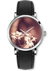 SPRAWL Aanalog Fashion Series Silver Ladies Watches of Genuine Black Leather Strap,Unique Wrist Watch for Women Girls Designed with lavender flowers