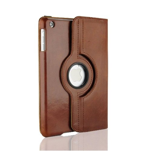 iPad Mini Case - Genuine Cowhide Brown Leather 360 Rotating Smart Cover for iPad Mini 3rd, 2nd and 1st generation, with screen protector