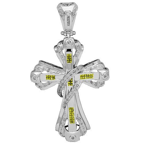 14K White Gold Mens Diamond Cross Pendant with Yellow Diamonds 1.65 Ctw