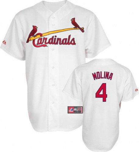 MLB Men's St.Louis Cardinals Yadier Molina White Home Short Sleeve 6 Button Synthetic Replica Baseball Jersey Spring 2012  (White, Small)