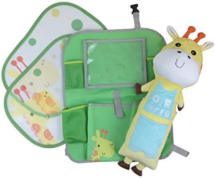 Back Seat Organizer Car Kick Mat - Seat Belt Pillow - Cling Sun Shade Giraffe Set