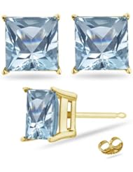2.15 Cts of 6 mm AA Princess Aquamarine Stud Earrings in 18K Yellow Gold