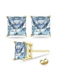 2.15 Cts of 6 mm AA Princess Aquamarine Stud Earrings in 14K Yellow Gold