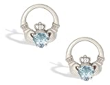 14K White Gold Genuine Heart Aquamarine and Diamond Celtic Claddagh Earrings