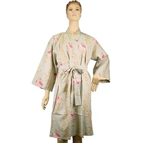 Buy Mas d'Ousvan Rosalie Blue Pink Roses Shortie Kimono Robe ~ 3 sizes by Couleur Nature