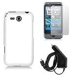 HTC FREESTYLE F5151 - WHITE RUBBERIZED HARD CASE COVER + CAR CHARGER + SCRE ....