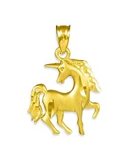 14K Gold Satin Finish Diamond Cut Unicorn Charm Pendant