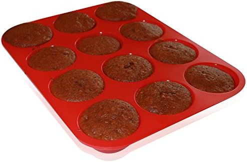 Muffin Pan Silicone and Cupcake Maker 12 Cup Quality Muffin Bake Pan - Made Out of 100% Silicone FDA & Lfgb Approved Food Grade Silicone - Safe + Non-stick + Durable Flexible Silicone Cupcake Mold (24 Cup & 12 Cup) Easy to Clean + Dishwasher Safe Can Withstand up to 450 Degree F (12, Red)