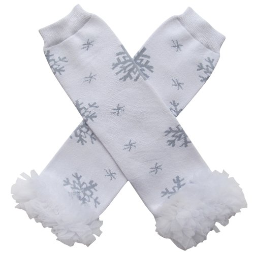 Chiffon Ruffle Tutu Christmas Holiday Winter Styles Leg Warmers - One Size - Baby, Toddler, Girl (Chiffon White Snowflake)