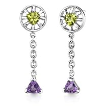 Heart Peridot & Trillion Amethyst Dangling Earrings Sterling Silver