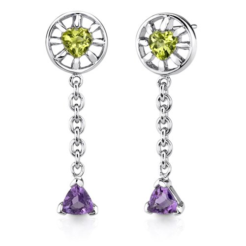 Heart Peridot & Trillion Amethyst Dangling Earrings Sterling Silver