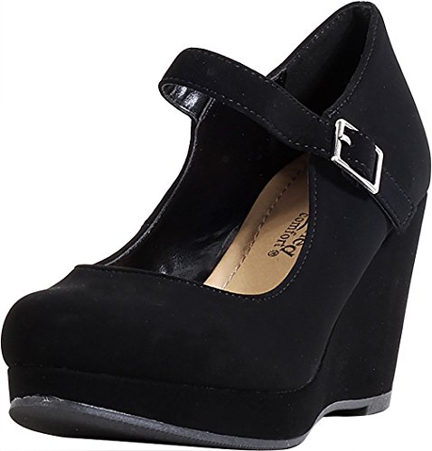 City Classified Womens Ontina Mary Jane Strap Comfortable Office Dress Platform Wedge Heel,Black,8