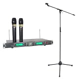 On Sale Pyle Mic and Stand Package - PDWM2550 19'' Rack Mount Dual VHF Wireless Rechargeable Handheld Microphone System - PMKS2 Tripod Microphone Stand w/Boom