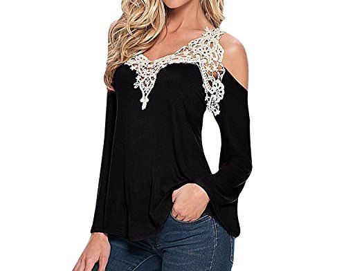 FUNOC® Womens Sexy V-Neck Lace Off Cut Out Shoulder Long Sleeve Tops Shirt