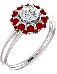10K White Gold Round Cut Diamond and Ruby Flower Inspired Ring -- LIFETIME WARRANTY