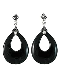 Sterling Silver Onyx Cut-Out Teardrop Earrings with Black and White Diamond-Accents
