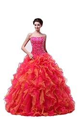 Strapless  Organza/Satin   Beaded Floor Length  Ball Gown Quinceanera Dress  With Rhinestones and Ruffles