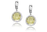 14K White Gold Matte-Finish Hand-Crafted Semi-Precious Color Stone Earrings, Centered with a Lemon Quartz Center Stone, Surrounded by Pave Set Diamonds.