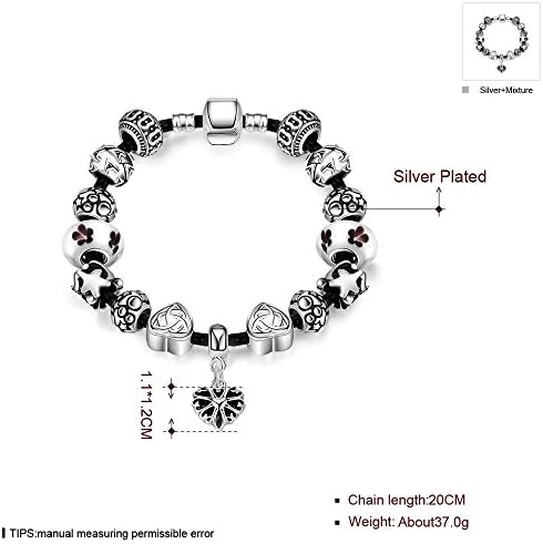 Vikis Fashion Women DIY Murano Beads Charm Bracelets with Heart Pendant,7.8inch/20cm