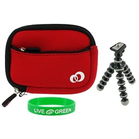 Neoprene Sleeve (Spicy Red) Case and Premium Tripod for Flip Mino Camcorder White