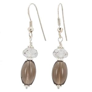 Smokey Quartz Gemstone and Crystal Bead Dangle Earrings on Sterling Silver Earwires, #7489