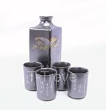 Metallic Sake Set with Cranes and Poem