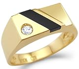 New Solid 14k Yellow Gold Mens Onyx CZ Cubic Zirconia Ring High Polish