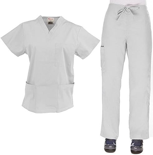 Allstar Uniforms Womens V-Neck &amp; Cargo Scrub Set Small White