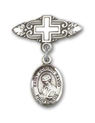 Sterling Silver Baby Badge with St. Dominic Savio Charm and Badge Pin with Cross