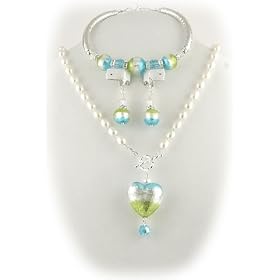Aqua Lime Green Murano Glass Heart Pendant Bracelet Earrings Freshwater Pearl Lariat Necklace 880