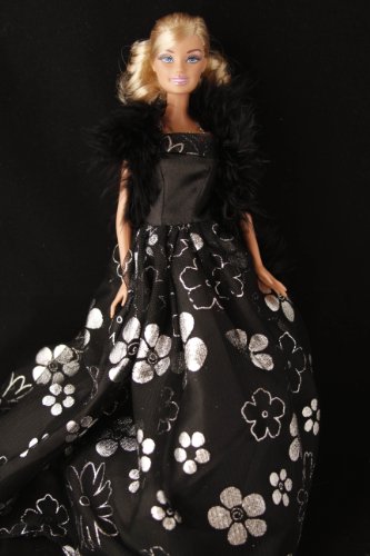 Black and Silver Floral Barbie Sized Doll Party Dress