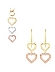 14K Tri-Color Gold Heart Necklace and Earring Set -- LIFETIME WARRANTY