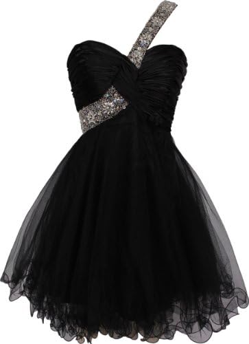 Beaded One-Shoulder Mesh Party Short Prom Homecoming Dress, Medium, Black