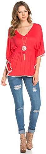 Butterfly Sleeve Smock Waist Crochet Trim Circle Top &amp; Necklace (Large, Coral)