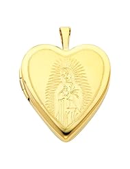 14K Yellow Gold Engraved Our Lady Guadalupe Heart Locket Pendant (0.8" Inches or 20mm)