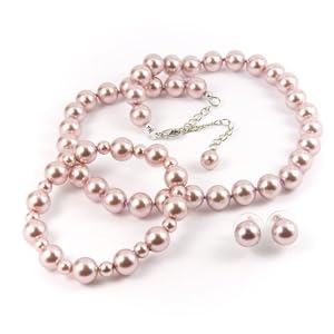 Rose 10mm Glass Pearl Necklace, Bracelet and Earring Set
