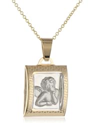 14k Two Tone Gold Cherub Angel Square Medal Necklace, 18"
