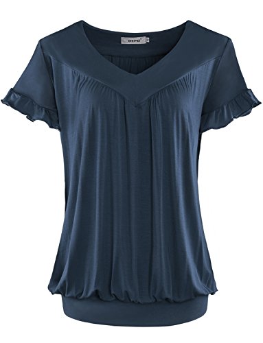 Bepei Women Top V Neck Short Sleeves Front Pleated Tunic Shirts Blouses