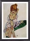 Egon Schiele Poster Kunstdruck und Holz-Rahmen - Blondes Madchen Mit Grünen Strumpfen (80 x 60cm)