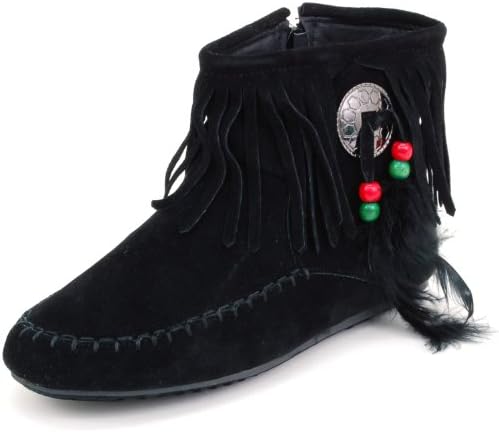 Forever Womens Fringe Moccasin Boots Black Faux Suede Flat Heel Feather Pull on 6 M US