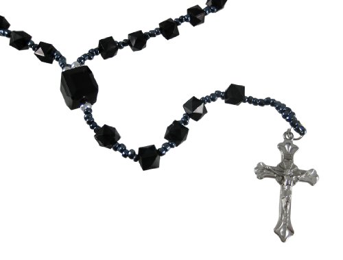 Rosary Necklace W/ Faceted Black Cube Beads Crucifix
